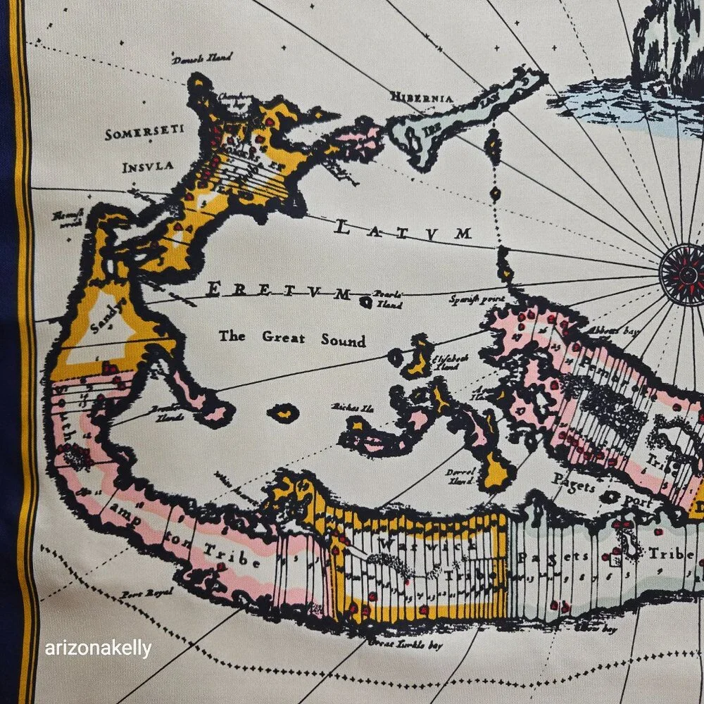 Trimingham Bermuda 1842-2005 Vintage Silk Scarf Hand-Rolled Flawless Map History
